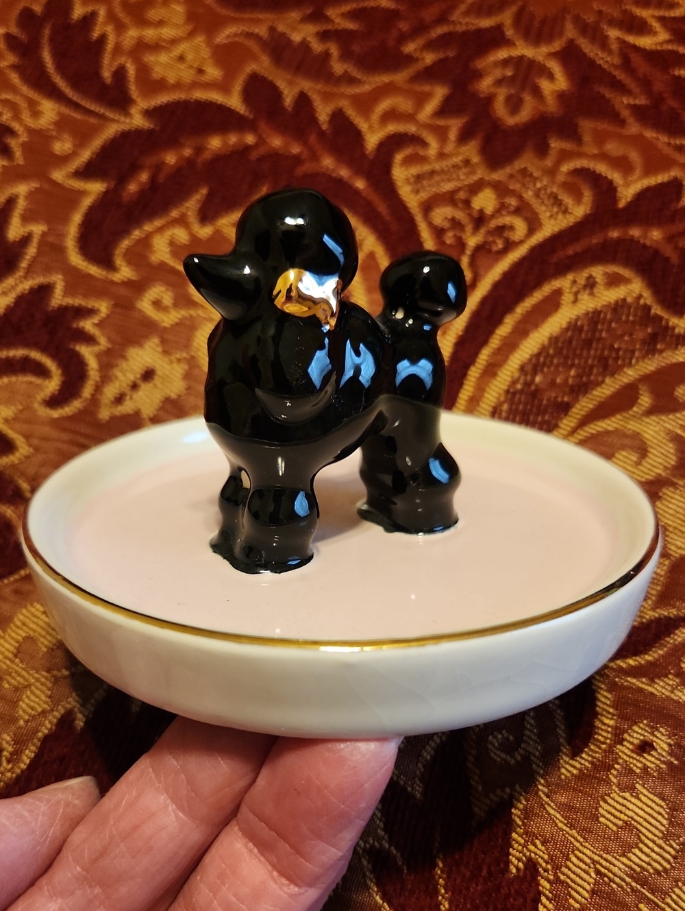 Black Ceramic Poodle Ring Dish with Gold Trim
